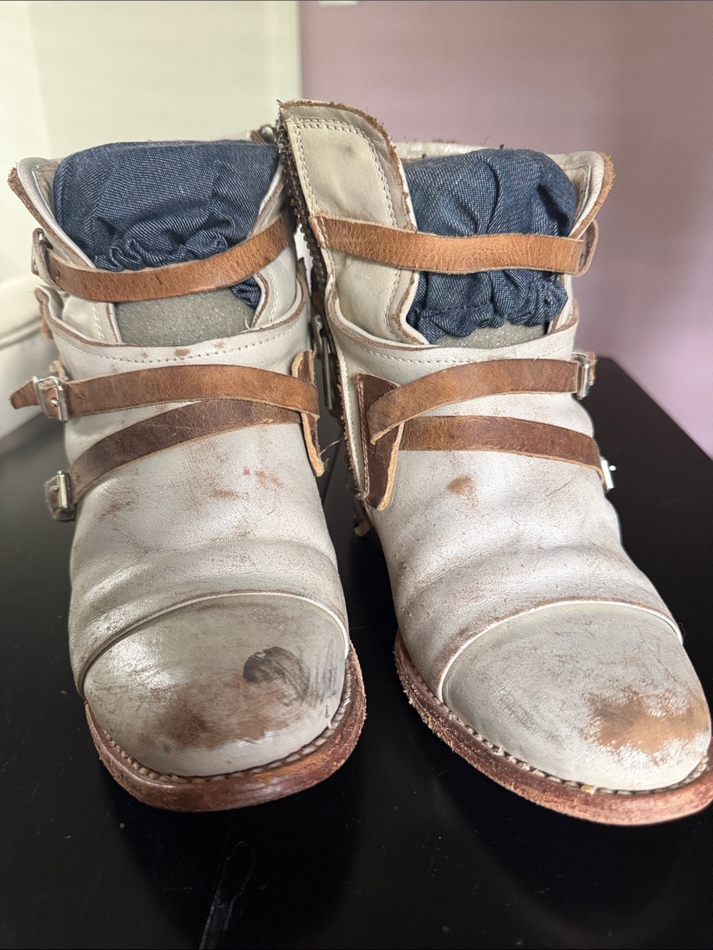 Ivory Leather Ankle Boots with Brown Strap Details - Picture 4 of 6